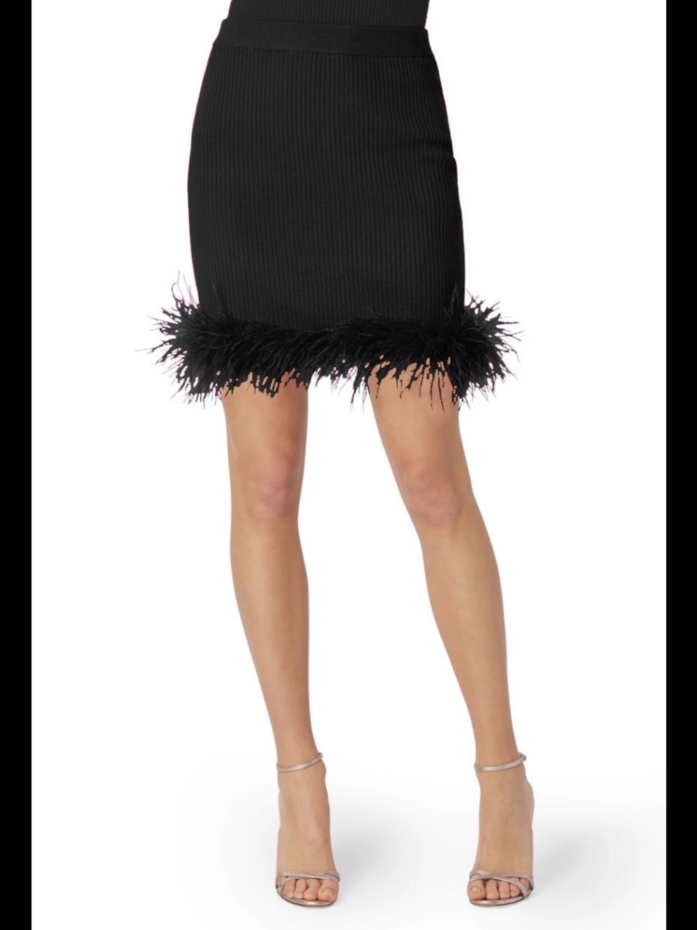 Milly Ostrich Feather Trim Ribbed Mini Pencil Skirt Black Size Small